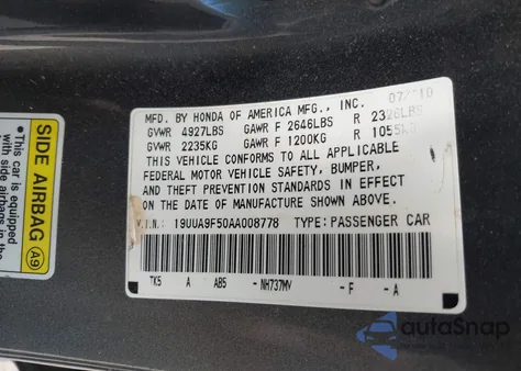 2010 Acura Tl 3.7 z USA, uszkodzony, nr VIN 19UUA9F50AA008778